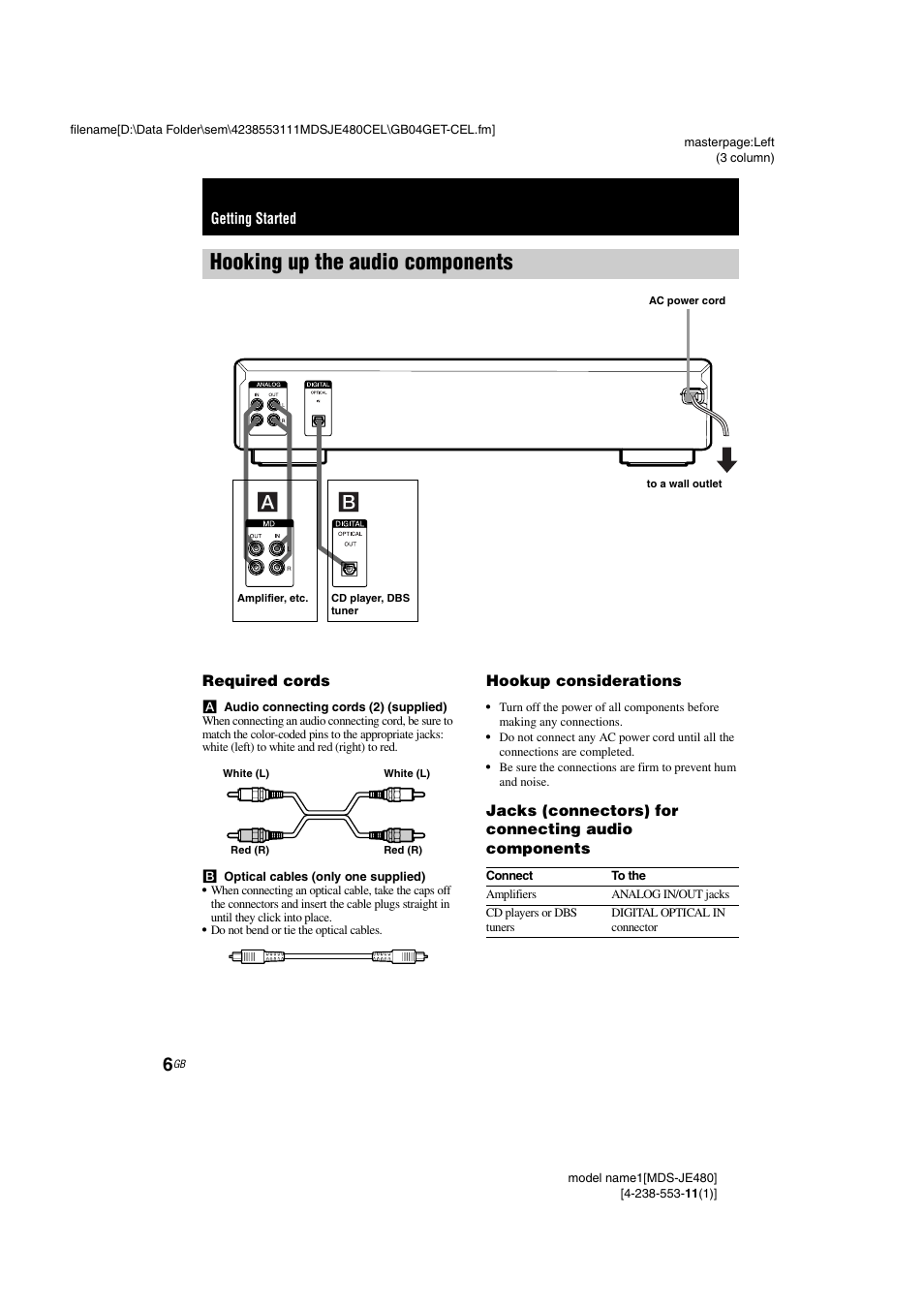 Getting started, Hooking up the audio components, Required cords | Hookup considerations, Jacks (connectors) for connecting audio components | Sony MDS-JE480 User Manual | Page 6 / 31