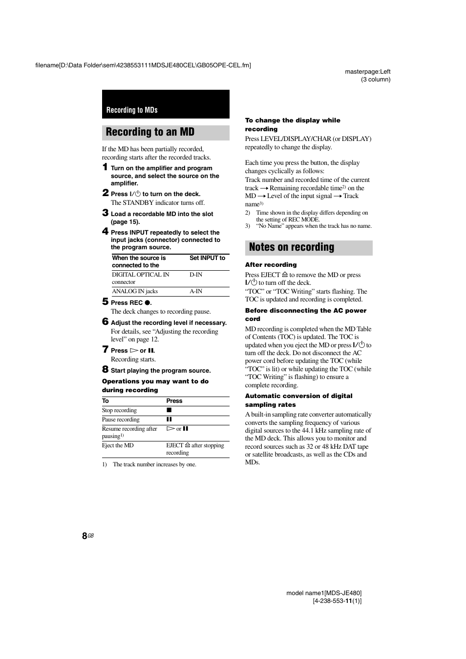 Recording to mds, Recording to an md, Notes on recording | Sony MDS-JE480 User Manual | Page 8 / 31