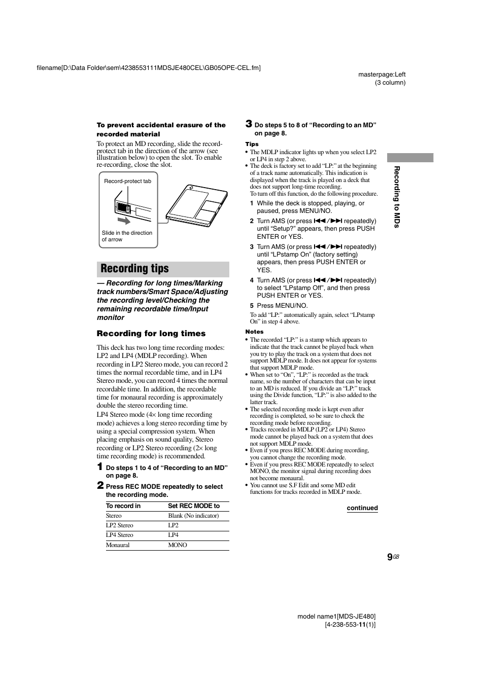 Recording tips, Recording for long times | Sony MDS-JE480 User Manual | Page 9 / 31