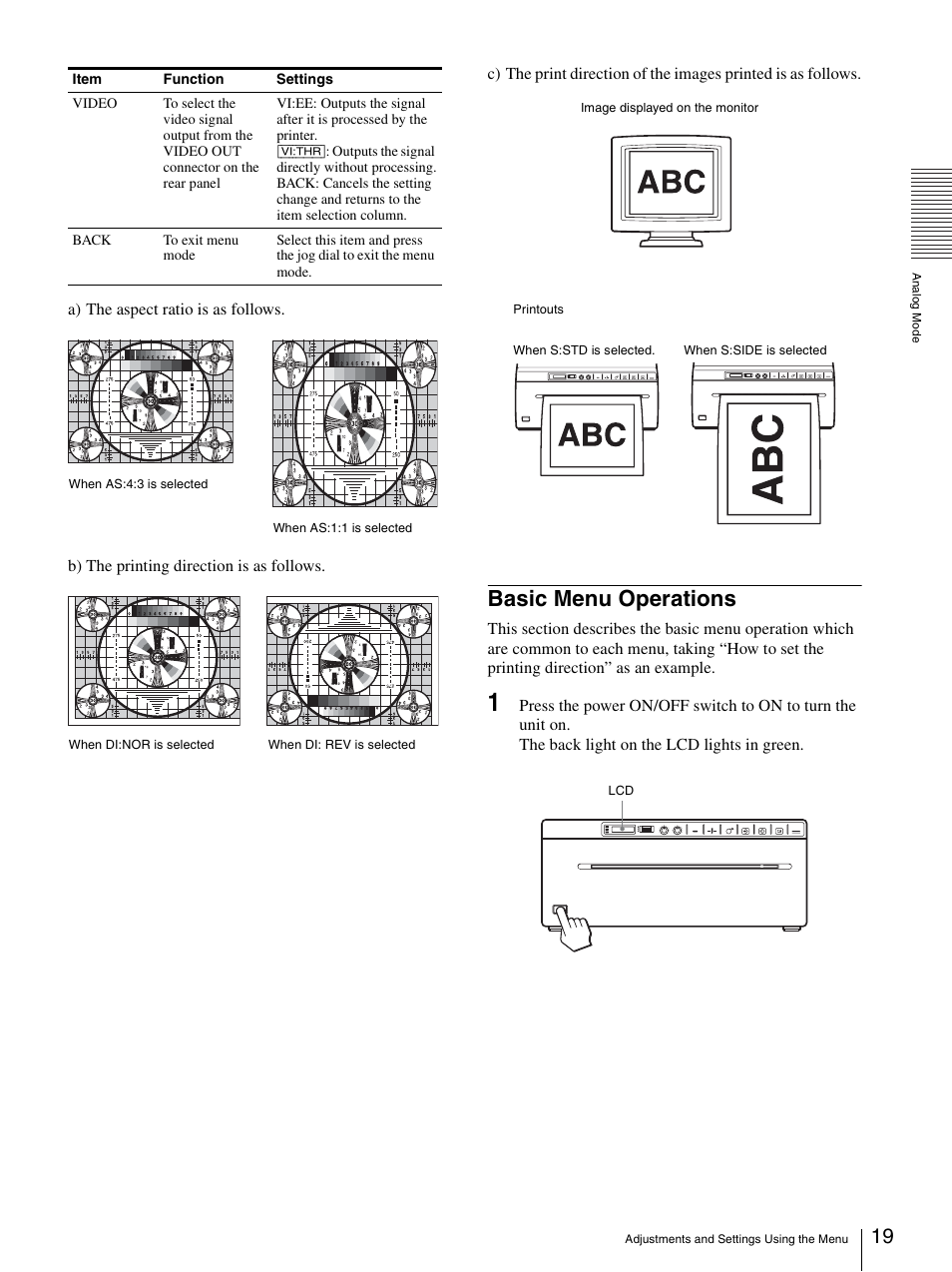 Basic menu operations | Sony UP-970AD User Manual | Page 19 / 43