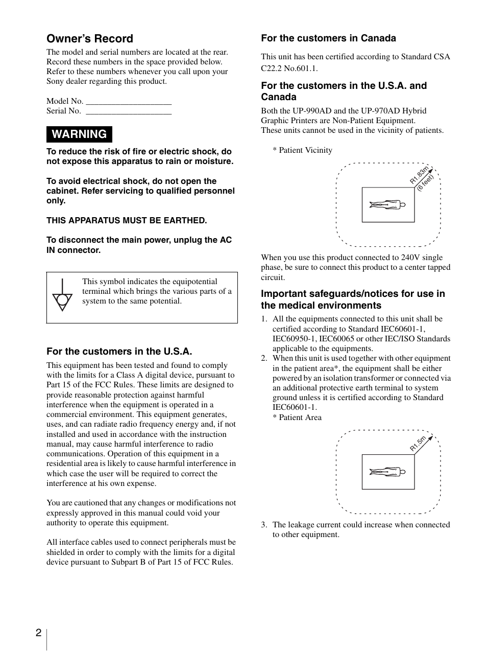 Warning, Owner’s record | Sony UP-970AD User Manual | Page 2 / 43