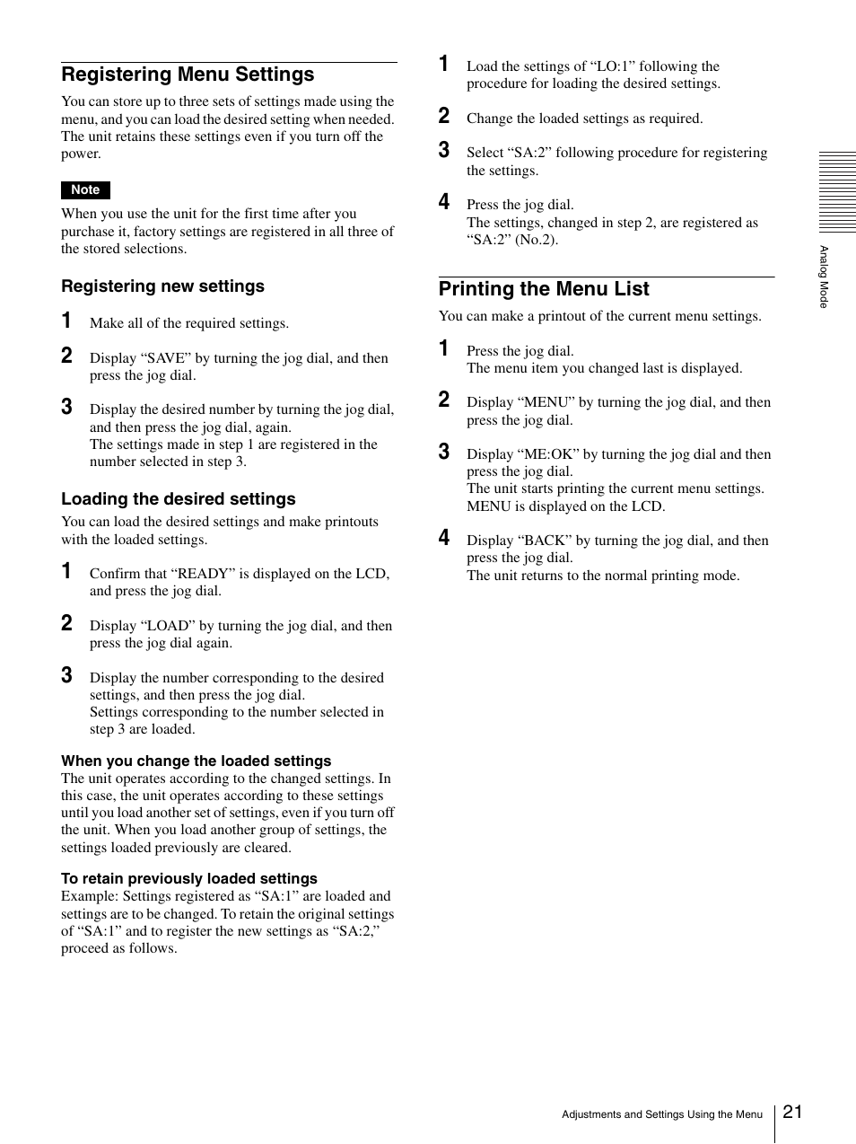 Registering menu settings, Printing the menu list, Registering menu settings printing the menu list | Sony UP-970AD User Manual | Page 21 / 43