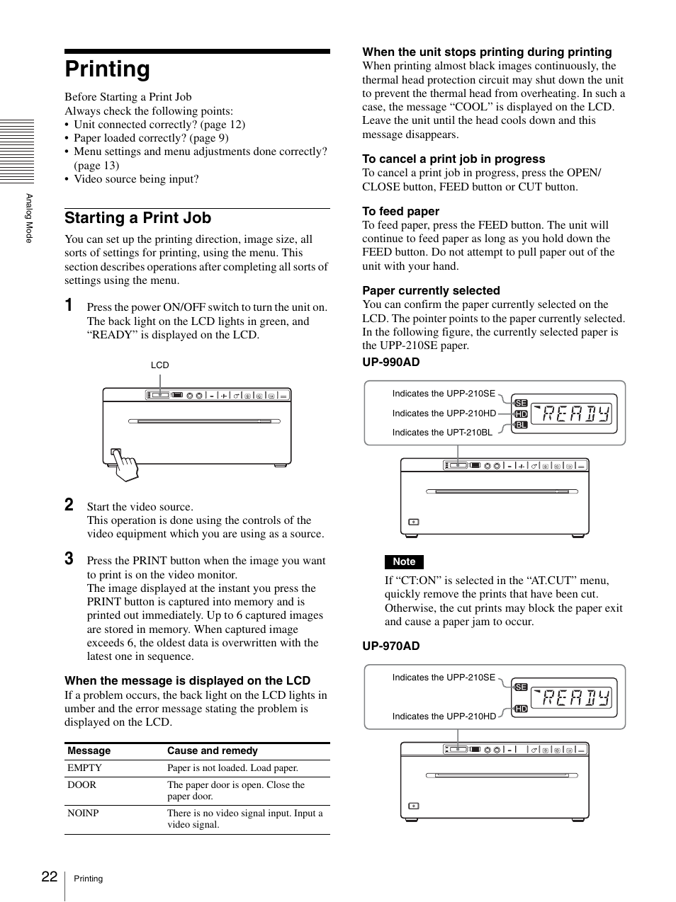 Printing, Starting a print job | Sony UP-970AD User Manual | Page 22 / 43