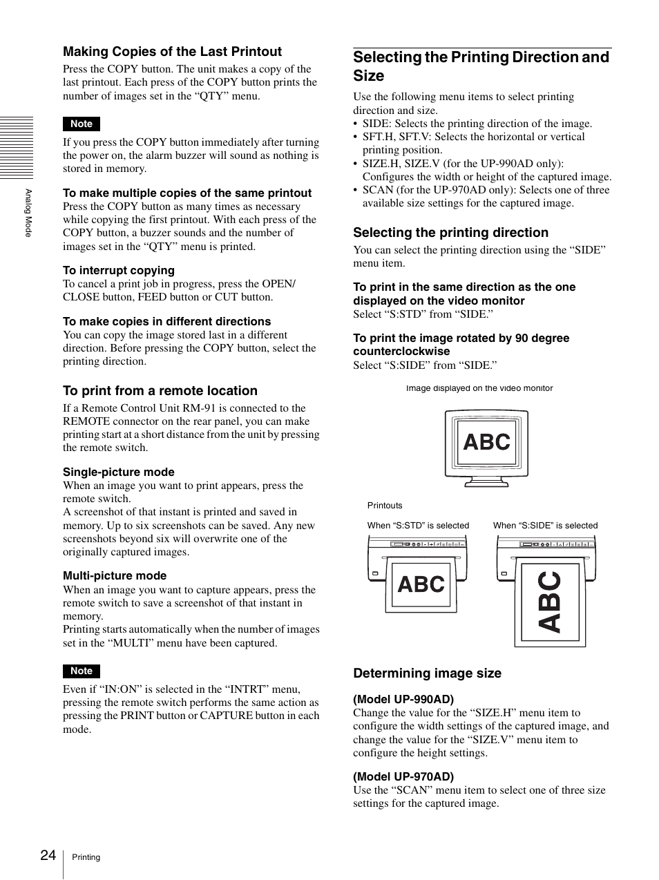 Selecting the printing direction and size, Making copies of the last printout, Selecting the printing direction | Determining image size | Sony UP-970AD User Manual | Page 24 / 43