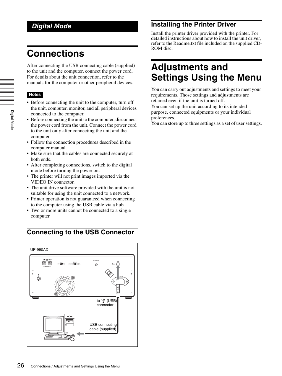 Digital mode, Connections, Connecting to the usb connector | Installing the printer driver, Adjustments and settings using the menu | Sony UP-970AD User Manual | Page 26 / 43