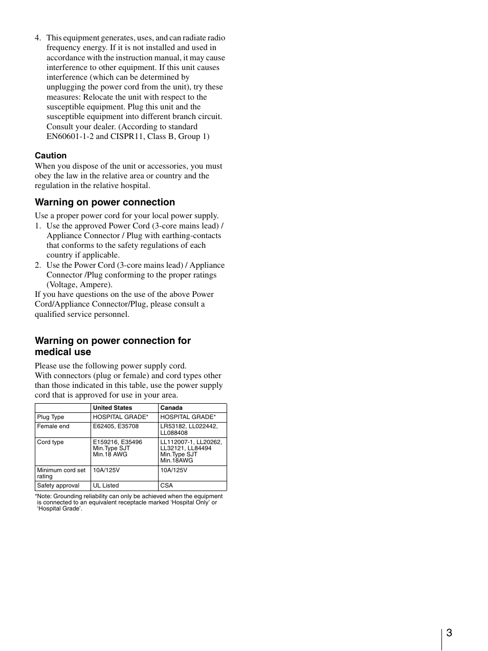 Warning on power connection, Warning on power connection for medical use | Sony UP-970AD User Manual | Page 3 / 43