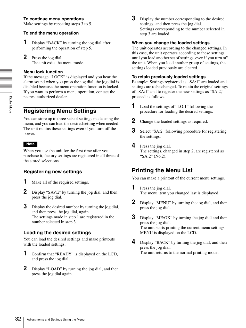 Registering menu settings, Printing the menu list, Registering menu settings printing the menu list | Sony UP-970AD User Manual | Page 32 / 43