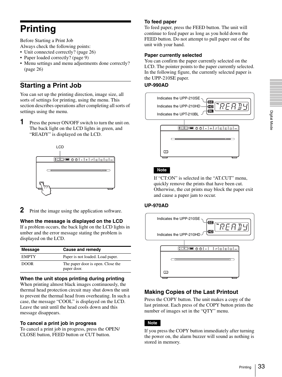 Printing, Starting a print job, Making copies of the last printout | Sony UP-970AD User Manual | Page 33 / 43