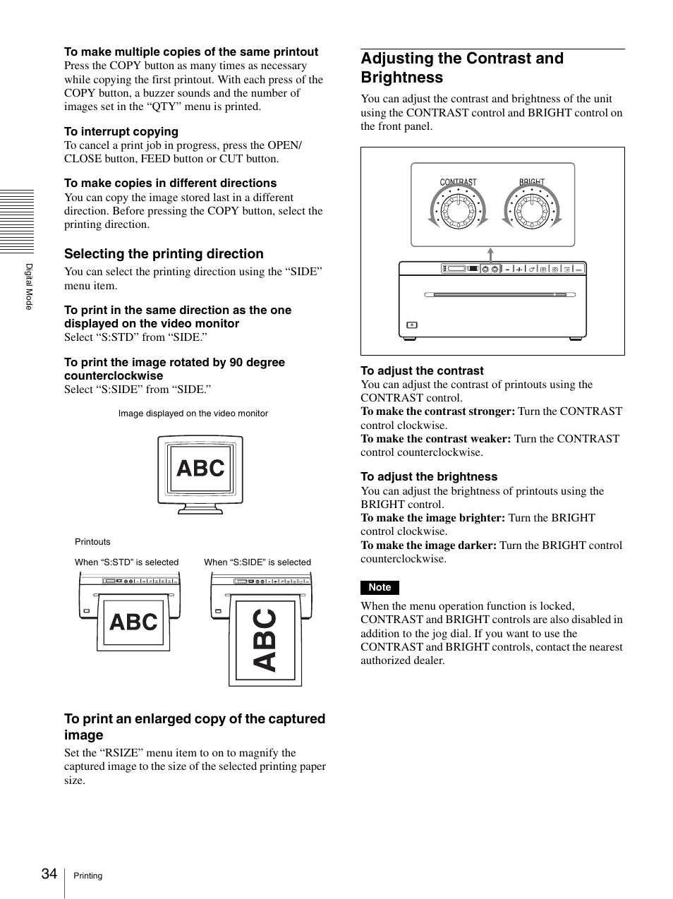 Adjusting the contrast and brightness, Selecting the printing direction | Sony UP-970AD User Manual | Page 34 / 43