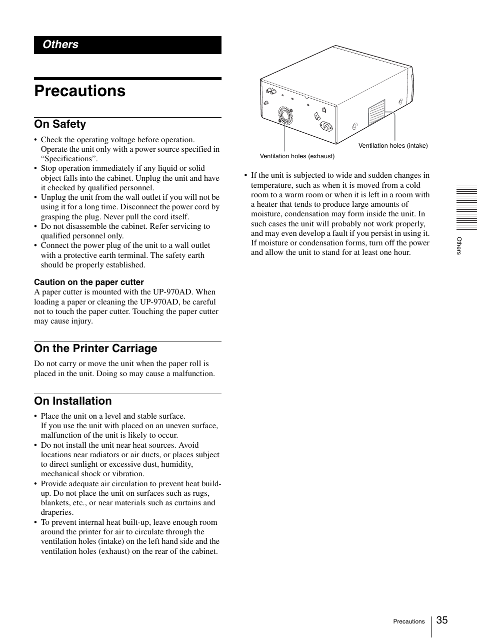 Others, Precautions, On safety | On the printer carriage, On installation, On safety on the printer carriage on installation | Sony UP-970AD User Manual | Page 35 / 43