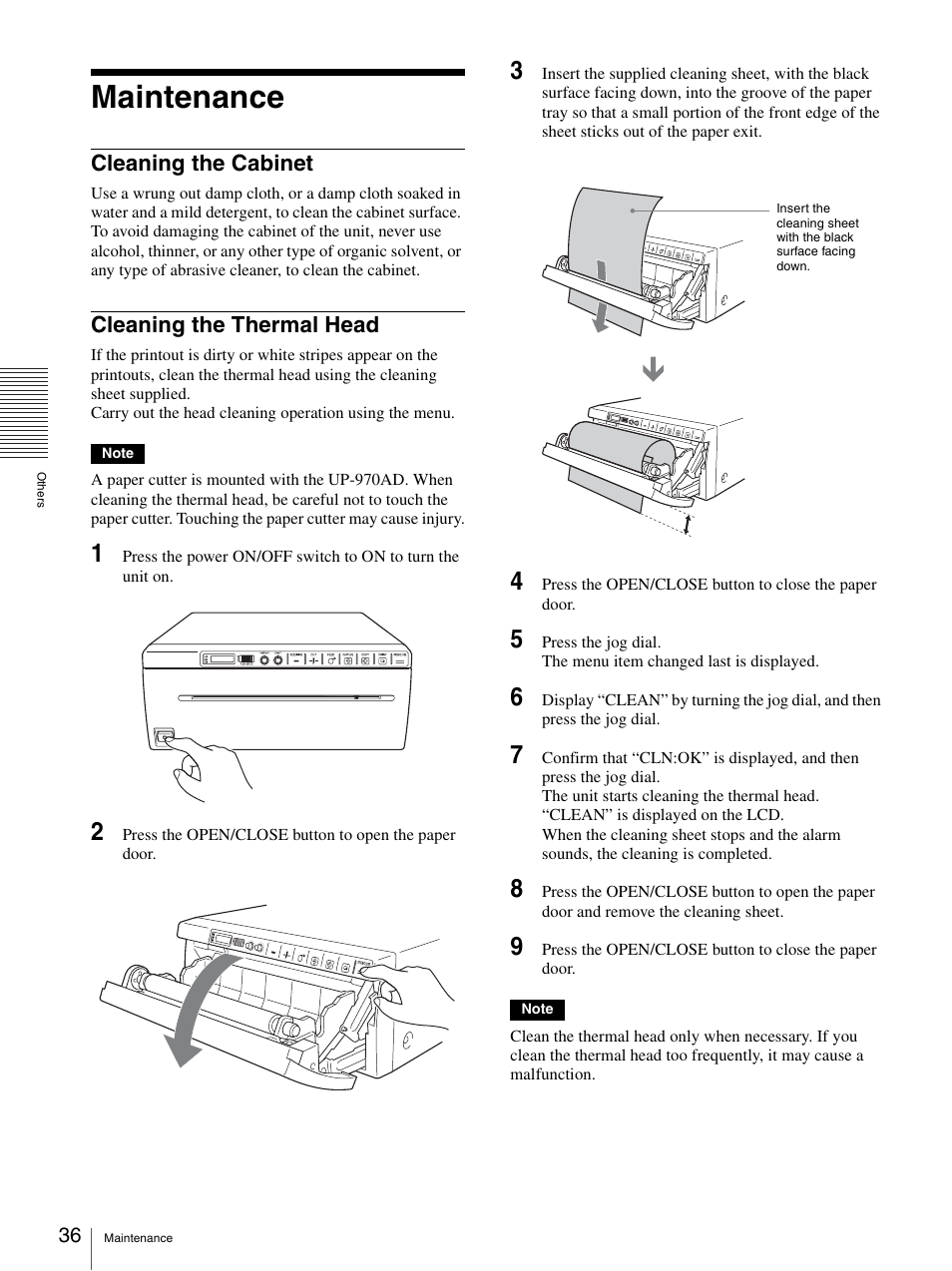 Maintenance, Cleaning the cabinet, Cleaning the thermal head | Cleaning the cabinet cleaning the thermal head | Sony UP-970AD User Manual | Page 36 / 43