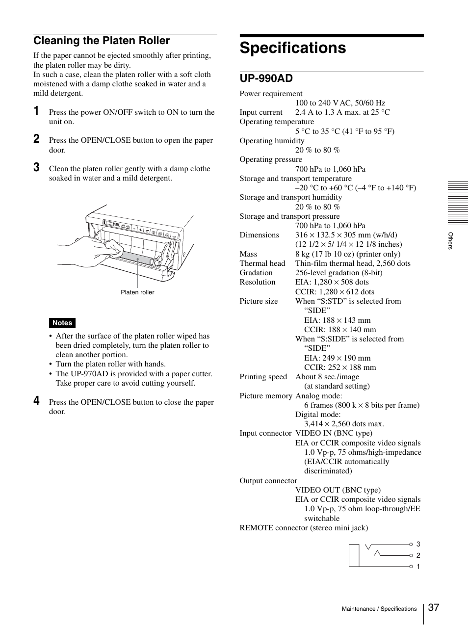 Cleaning the platen roller, Specifications, Up-990ad | Sony UP-970AD User Manual | Page 37 / 43