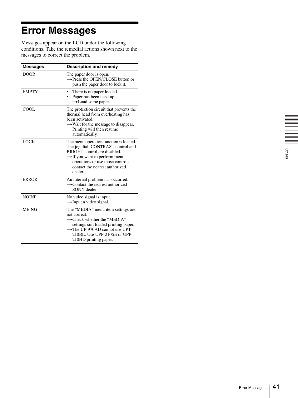 Error messages | Sony UP-970AD User Manual | Page 41 / 43