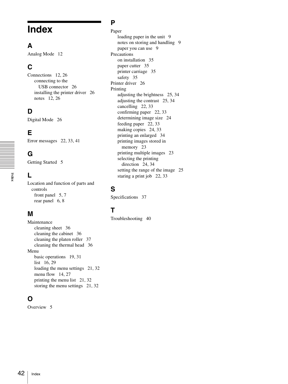 Index | Sony UP-970AD User Manual | Page 42 / 43