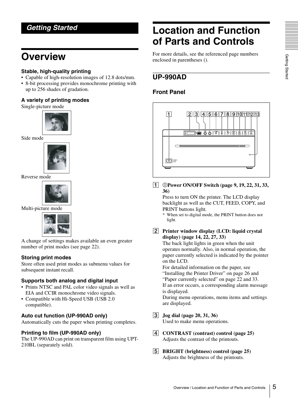 Getting started, Overview, Location and function of parts and controls | Up-990ad | Sony UP-970AD User Manual | Page 5 / 43