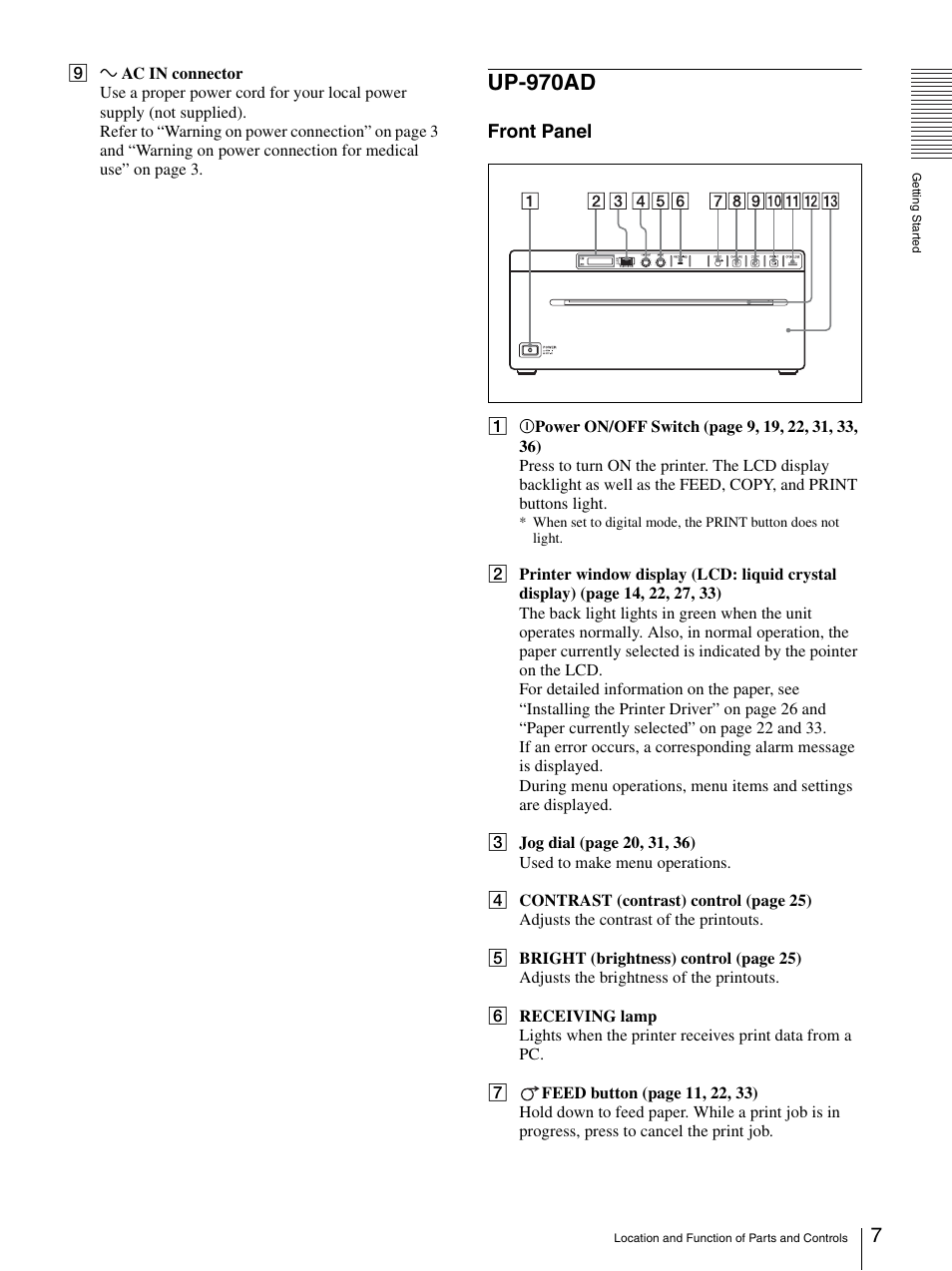 Up-970ad, Front panel | Sony UP-970AD User Manual | Page 7 / 43