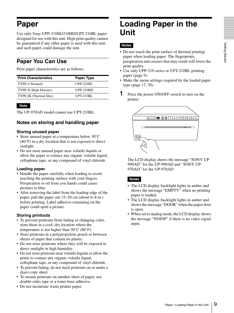 Paper, Paper you can use, Loading paper in the unit | Sony UP-970AD User Manual | Page 9 / 43