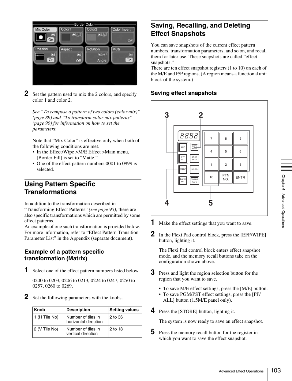 Using pattern specific transformations, Saving, recalling, and deleting effect snapshots, Snapshots | Saving effect snapshots | Sony MKS-2010 User Manual | Page 103 / 200