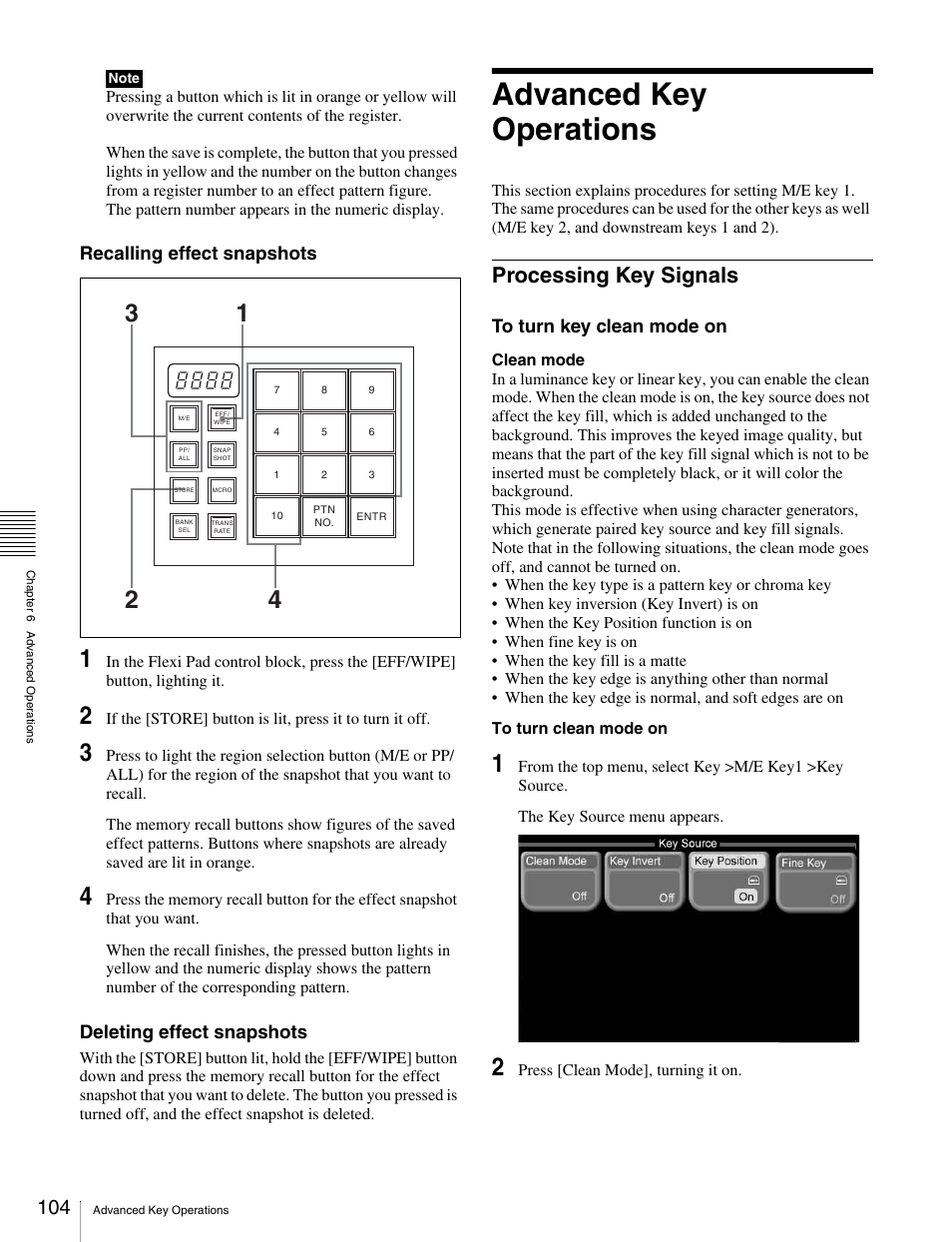 Advanced key operations, Processing key signals, Rations | Recalling effect snapshots, Deleting effect snapshots | Sony MKS-2010 User Manual | Page 104 / 200