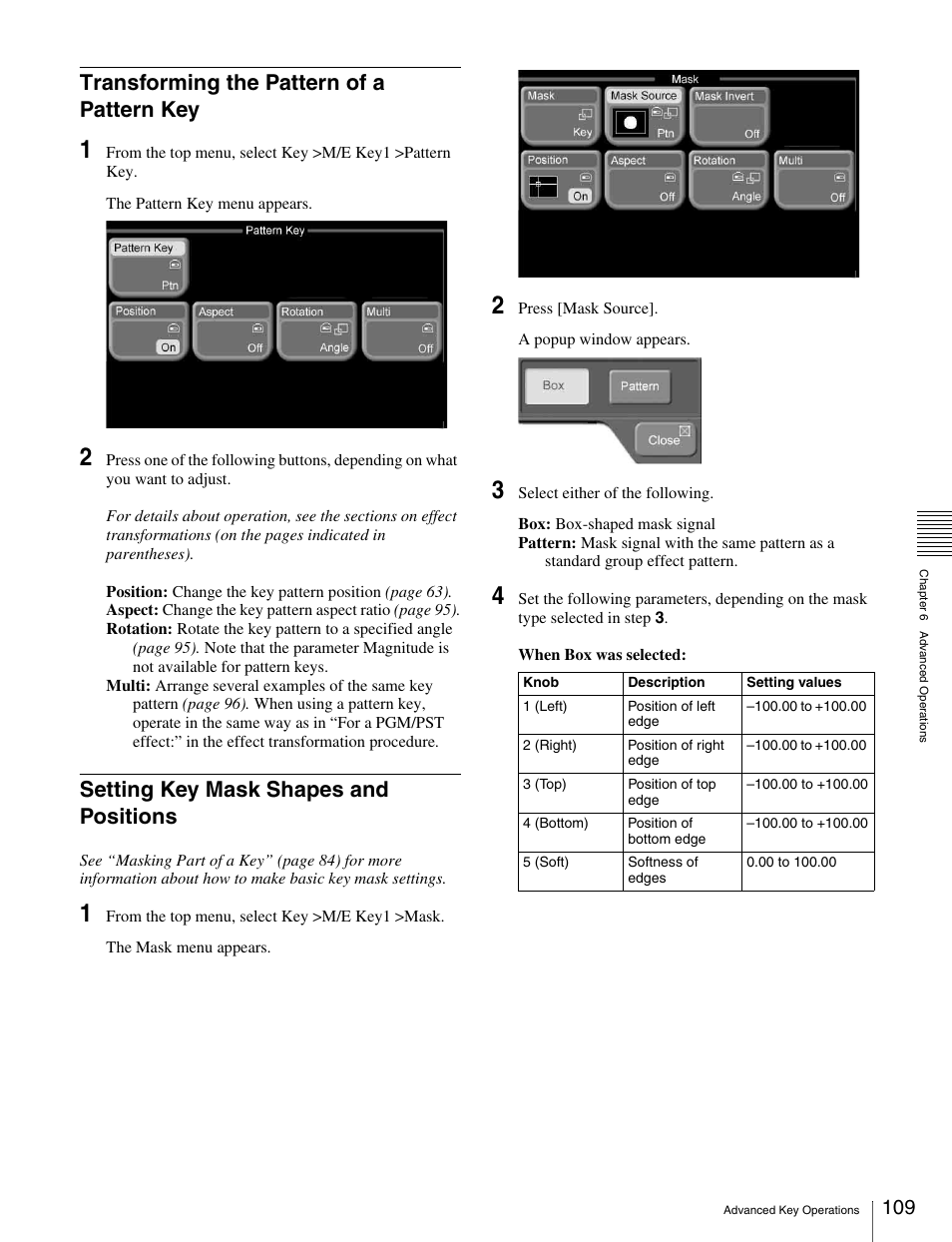 Transforming the pattern of a pattern key, Setting key mask shapes and positions | Sony MKS-2010 User Manual | Page 109 / 200