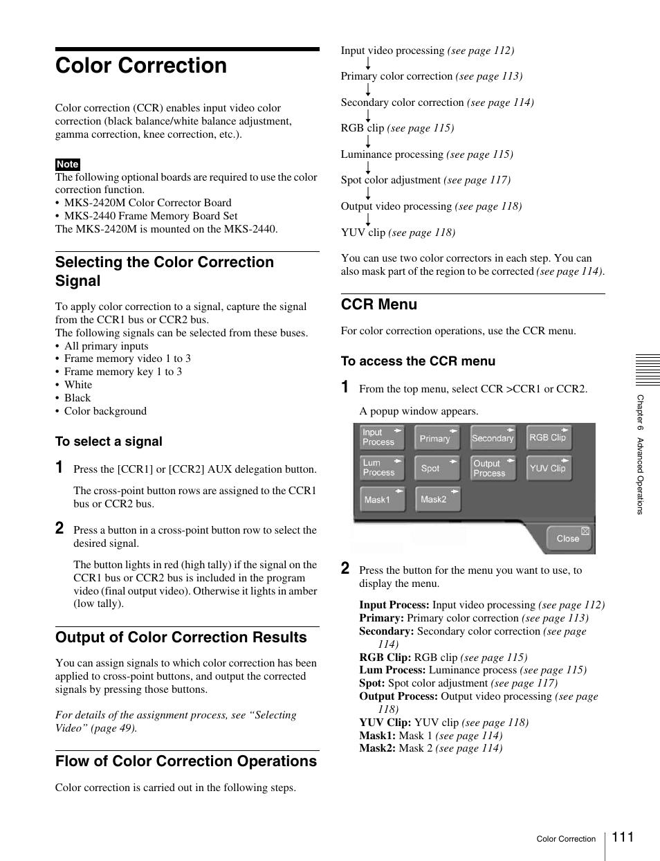 Color correction, Selecting the color correction signal, Output of color correction results | Flow of color correction operations, Ccr menu | Sony MKS-2010 User Manual | Page 111 / 200