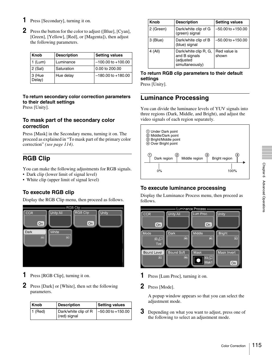 Rgb clip, Luminance processing, Rgb clip luminance processing | Sony MKS-2010 User Manual | Page 115 / 200