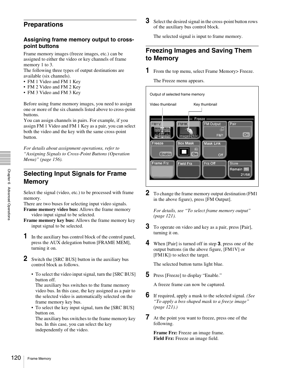 Preparations, Selecting input signals for frame memory, Freezing images and saving them to memory | Sony MKS-2010 User Manual | Page 120 / 200