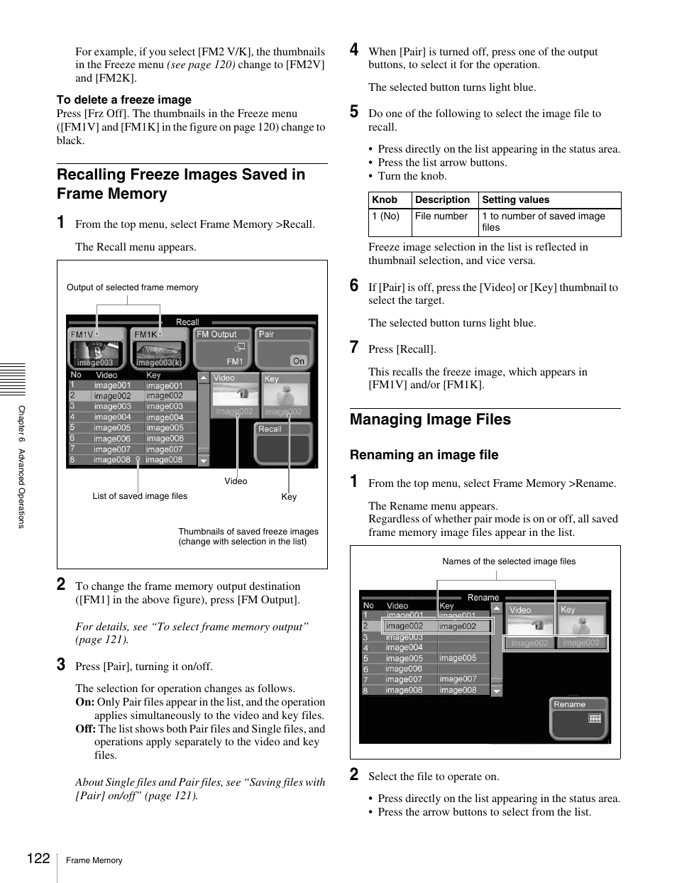 Recalling freeze images saved in frame memory, Managing image files, Recalling freeze images saved in frame | Memory | Sony MKS-2010 User Manual | Page 122 / 200