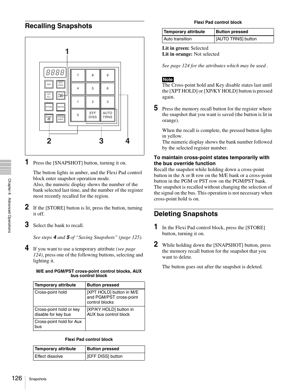 Recalling snapshots, Deleting snapshots, Recalling snapshots deleting snapshots | Sony MKS-2010 User Manual | Page 126 / 200