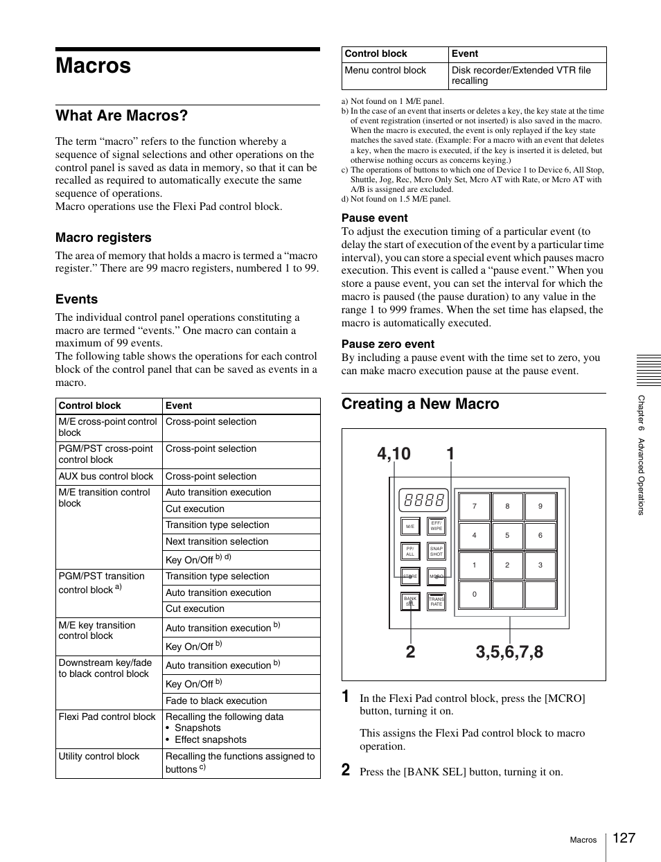 Macros, What are macros, Creating a new macro | What are macros? creating a new macro, Macro registers, Events | Sony MKS-2010 User Manual | Page 127 / 200