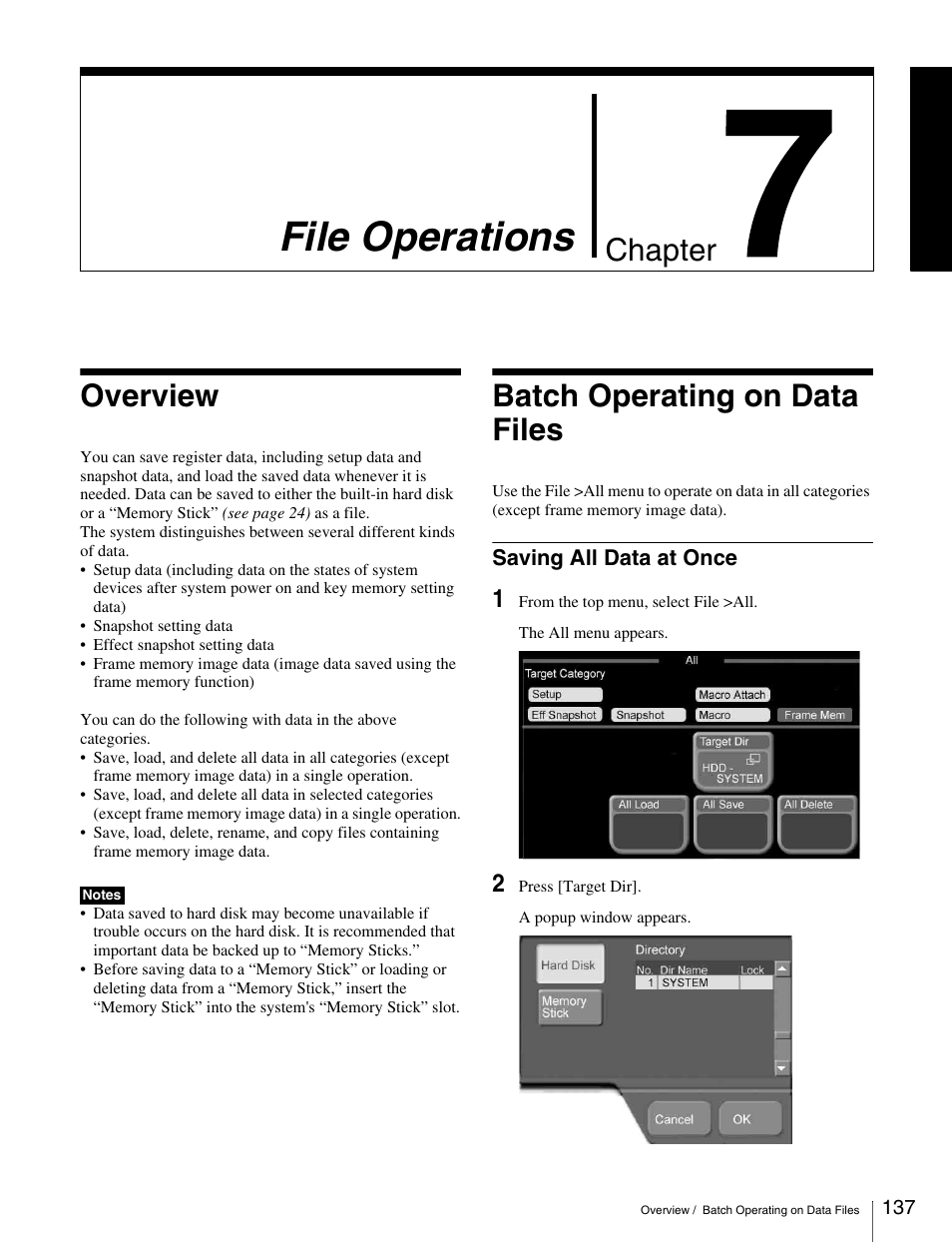 Chapter 7 file operations, Overview, Batch operating on data files | Saving all data at once, Overview batch operating on data files, File operations, Chapter | Sony MKS-2010 User Manual | Page 137 / 200