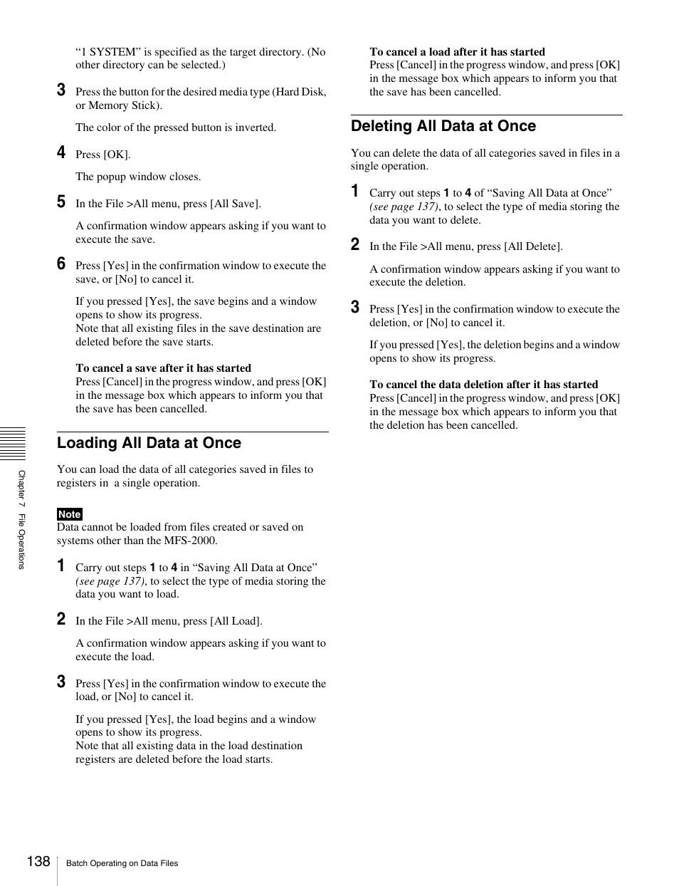 Loading all data at once, Deleting all data at once, Loading all data at once deleting all data at once | Sony MKS-2010 User Manual | Page 138 / 200