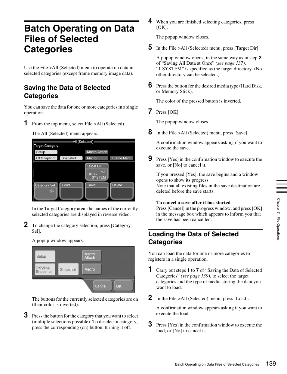 Saving the data of selected categories, Loading the data of selected categories, Batch operating on data files of selected | Categories | Sony MKS-2010 User Manual | Page 139 / 200