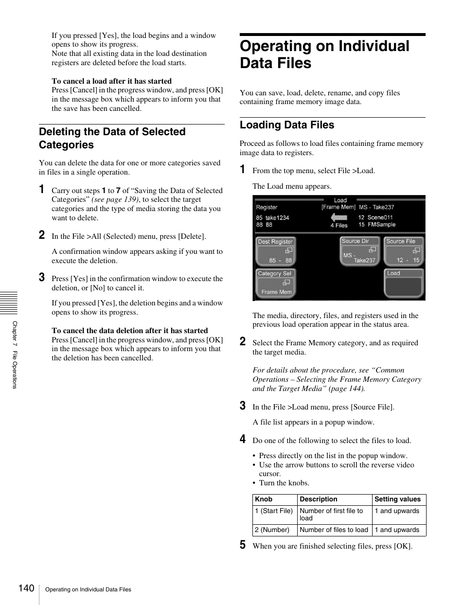 Deleting the data of selected categories, Operating on individual data files, Loading data files | Sony MKS-2010 User Manual | Page 140 / 200