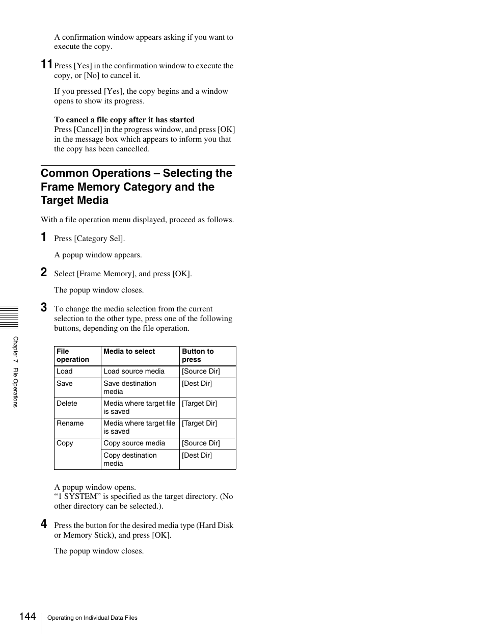 Common operations – selecting the frame, Memory category and the target media | Sony MKS-2010 User Manual | Page 144 / 200
