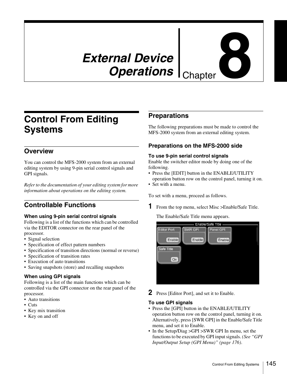 Chapter 8 external device operations, Control from editing systems, Overview | Controllable functions, Preparations, Overview controllable functions preparations, External device operations, Chapter | Sony MKS-2010 User Manual | Page 145 / 200