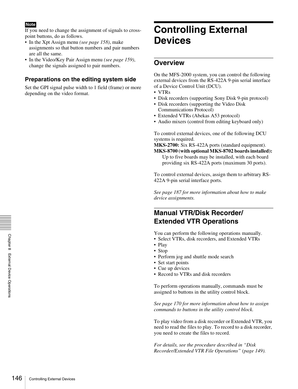 Controlling external devices, Overview, Manual vtr/disk recorder/extended vtr operations | Overview manual vtr/disk recorder/extended vtr, Operations, Manual vtr/disk recorder/ extended vtr operations | Sony MKS-2010 User Manual | Page 146 / 200