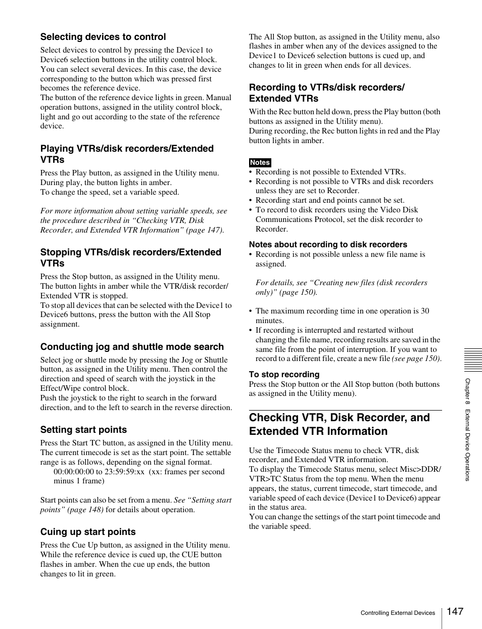 Checking vtr, disk recorder, and extended, Vtr information | Sony MKS-2010 User Manual | Page 147 / 200