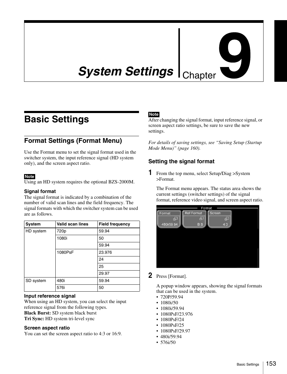 Chapter 9 system settings, Basic settings, Format settings (format menu) | System settings, Chapter | Sony MKS-2010 User Manual | Page 153 / 200