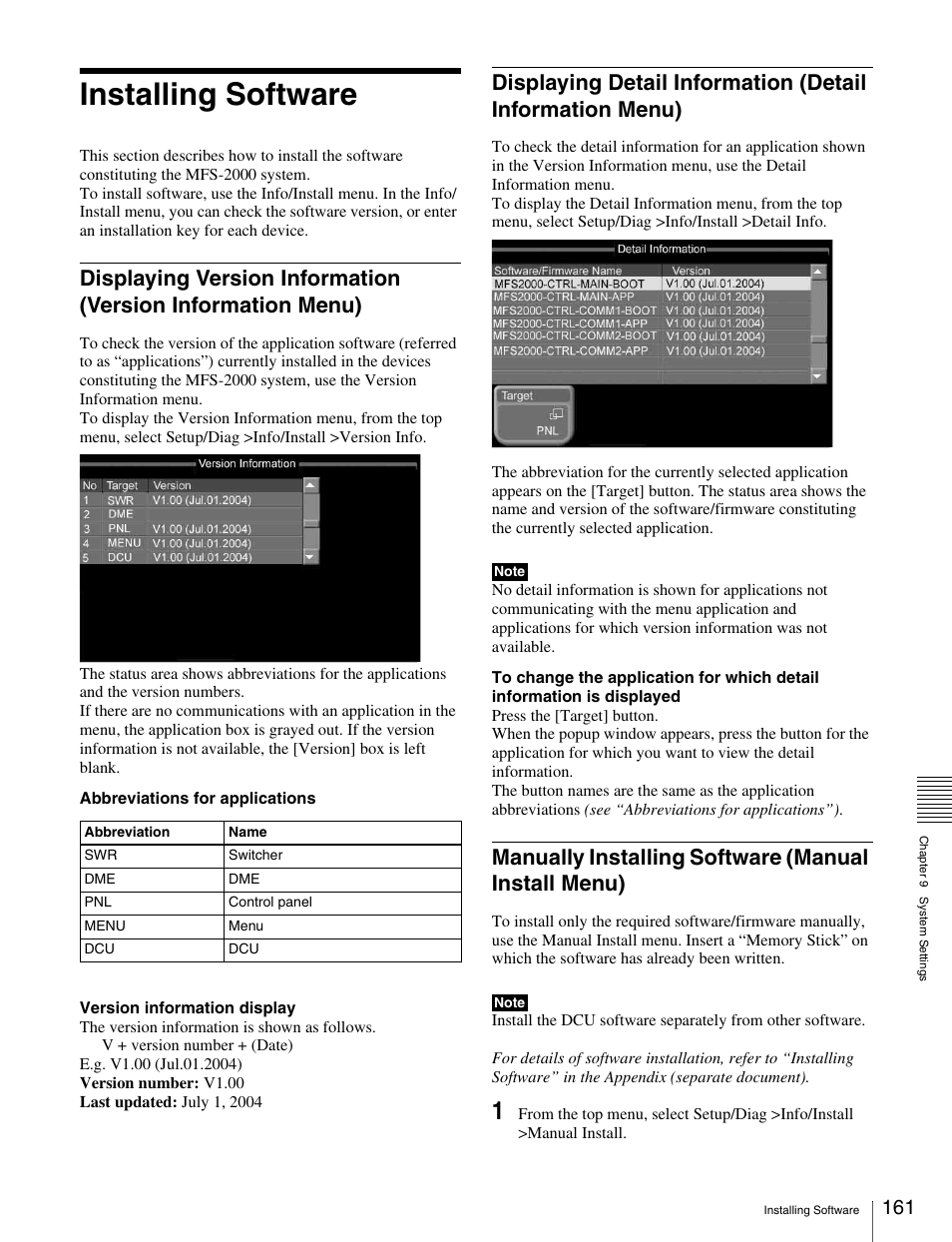 Installing software, Manually installing software (manual install menu), Displaying version information (version | Information menu), Displaying detail information (detail, Manually installing software (manual install, Menu) | Sony MKS-2010 User Manual | Page 161 / 200