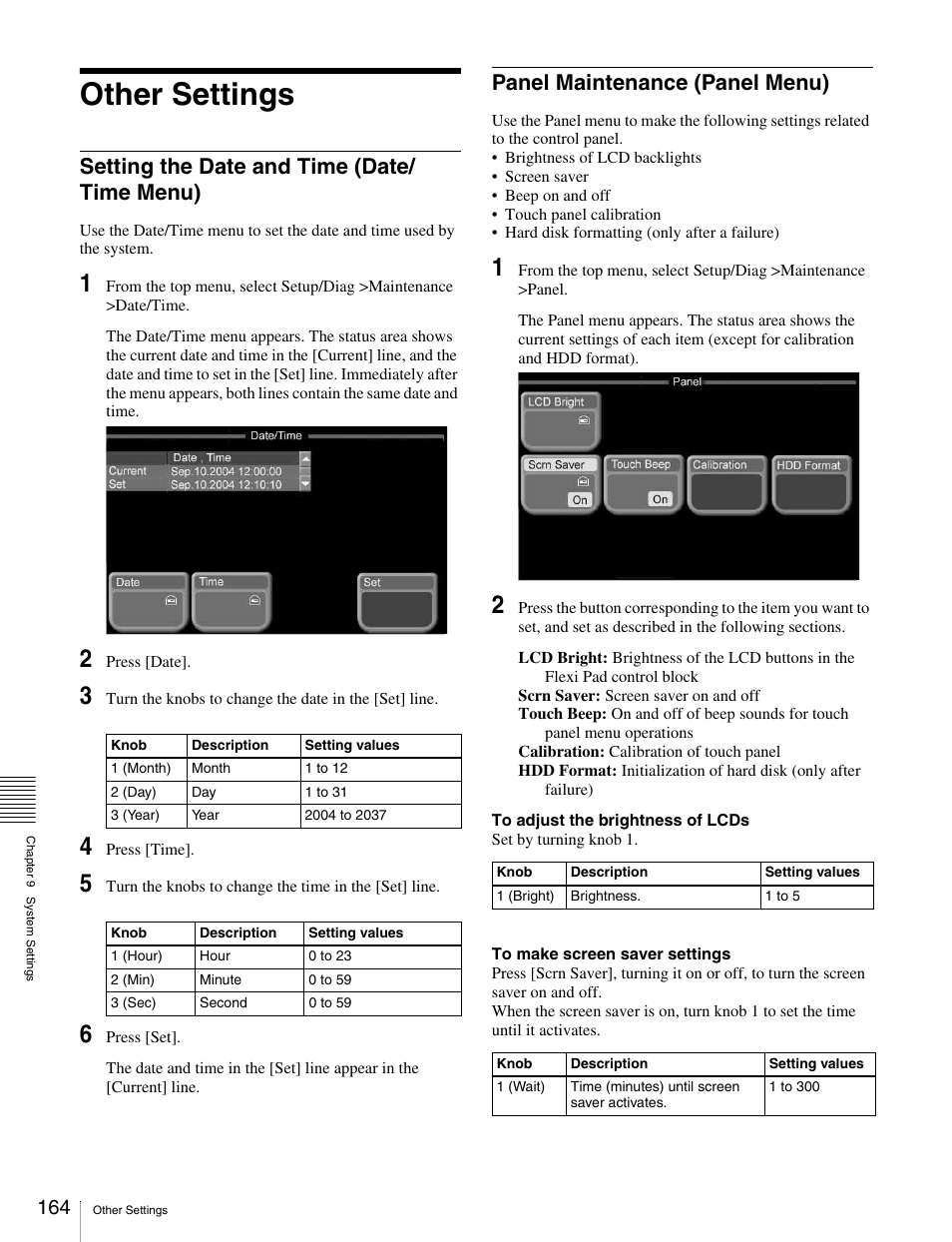 Other settings, Setting the date and time (date/time menu), Panel maintenance (panel menu) | Setting the date and time (date/ time menu) | Sony MKS-2010 User Manual | Page 164 / 200