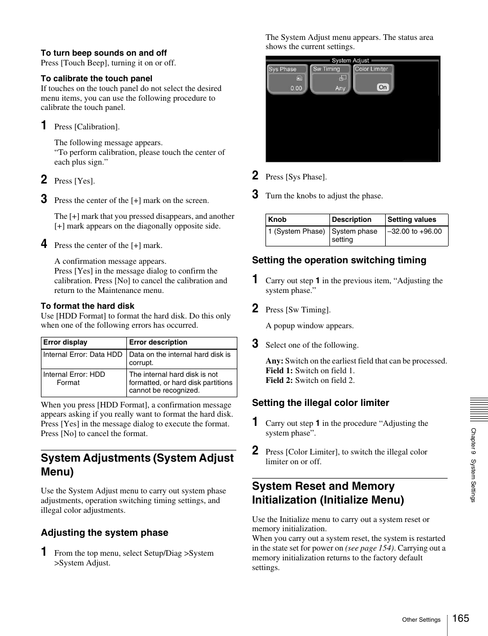 System adjustments (system adjust menu), System reset and memory initialization, Initialize menu) | Sony MKS-2010 User Manual | Page 165 / 200
