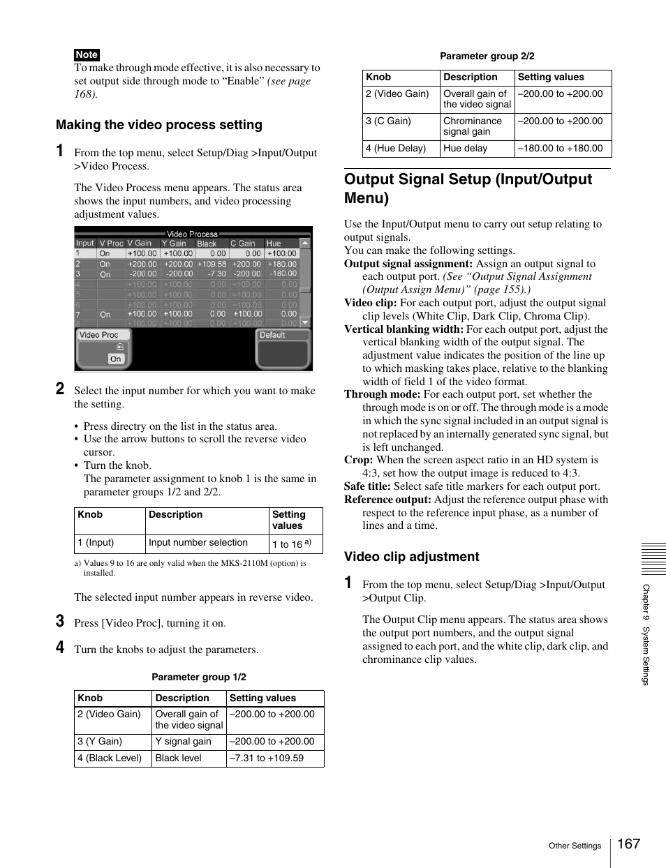 Output signal setup (input/output menu), Output signal setup (input/output menu) 167 | Sony MKS-2010 User Manual | Page 167 / 200
