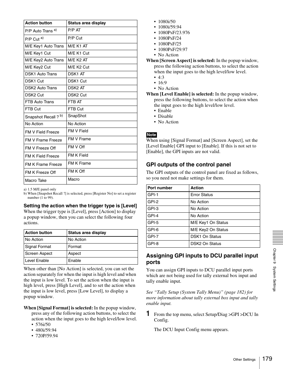 Gpi outputs of the control panel, Assigning gpi inputs to dcu parallel input ports | Sony MKS-2010 User Manual | Page 179 / 200