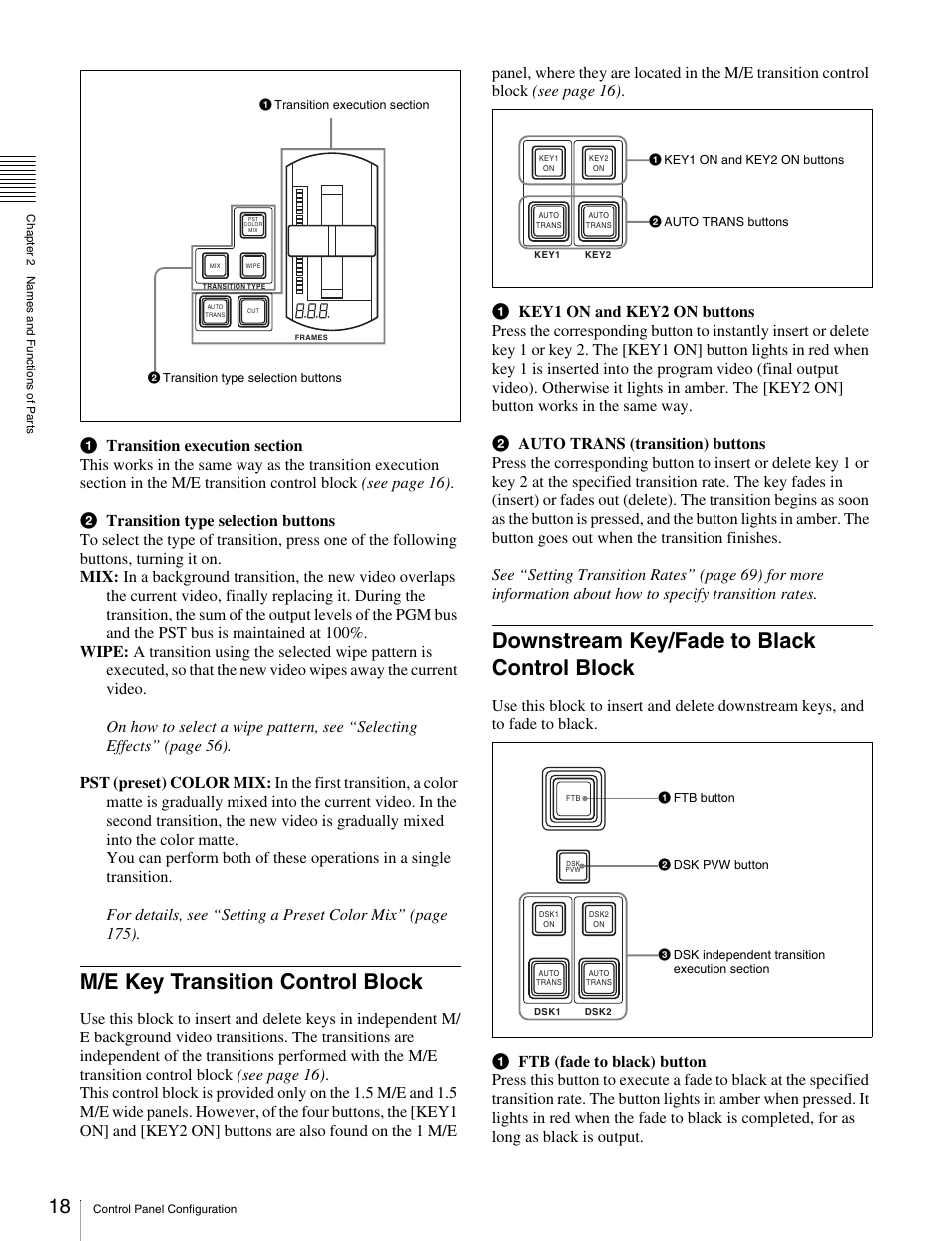 M/e key transition control block, Downstream key/fade to black control block, Block | Sony MKS-2010 User Manual | Page 18 / 200