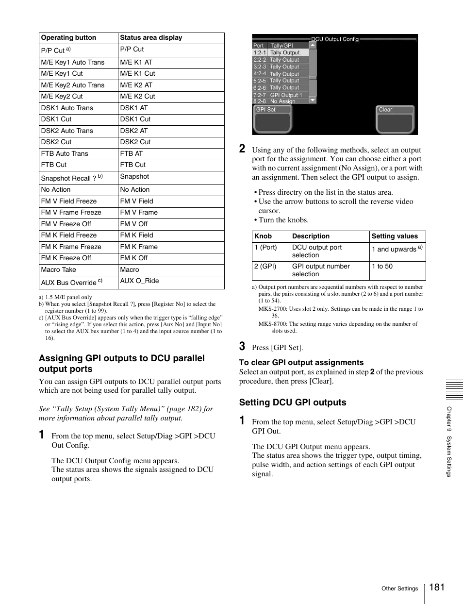Assigning gpi outputs to dcu parallel output ports, Setting dcu gpi outputs | Sony MKS-2010 User Manual | Page 181 / 200