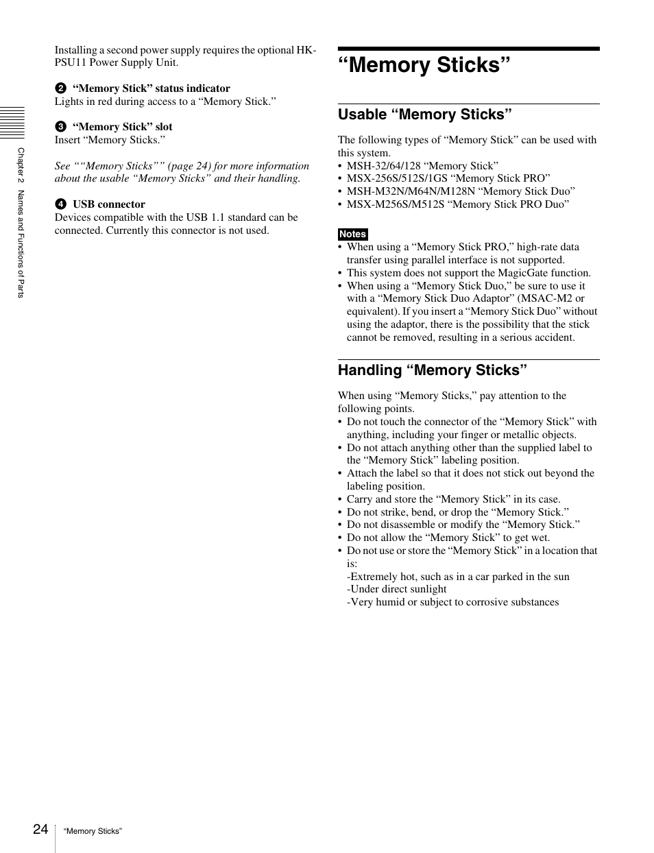 Memory sticks, Usable “memory sticks, Handling “memory sticks | Usable “memory sticks” handling “memory sticks | Sony MKS-2010 User Manual | Page 24 / 200