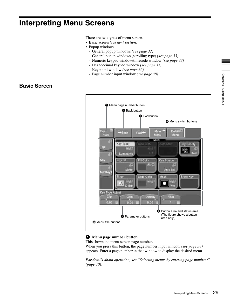 Interpreting menu screens, Basic screen | Sony MKS-2010 User Manual | Page 29 / 200