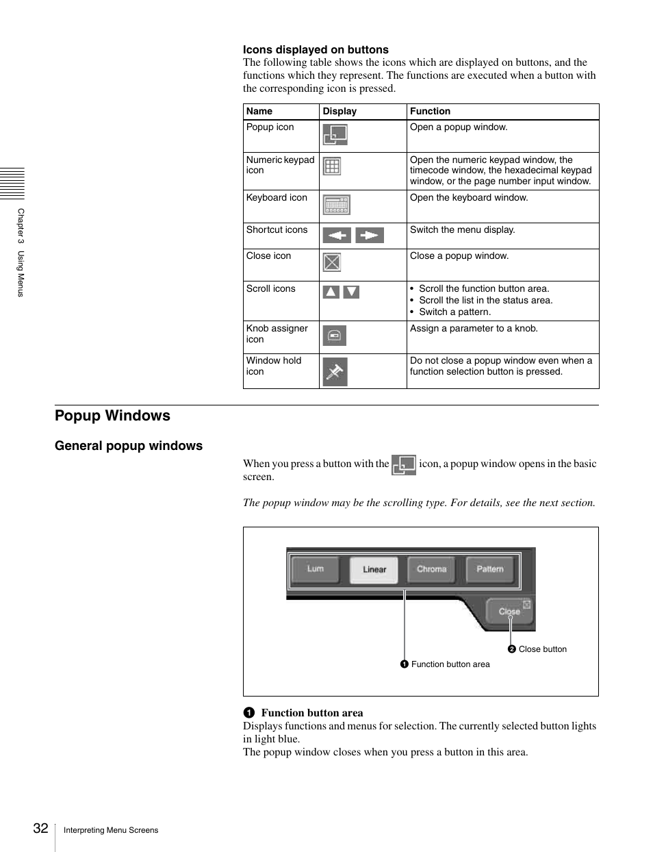 Popup windows, General popup windows | Sony MKS-2010 User Manual | Page 32 / 200