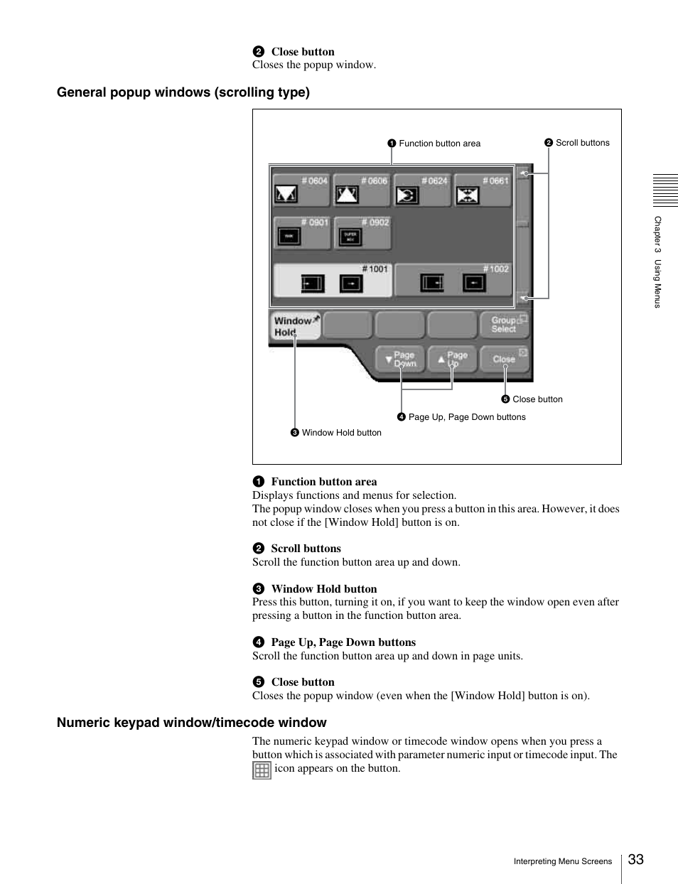 General popup windows (scrolling type), Numeric keypad window/timecode window | Sony MKS-2010 User Manual | Page 33 / 200